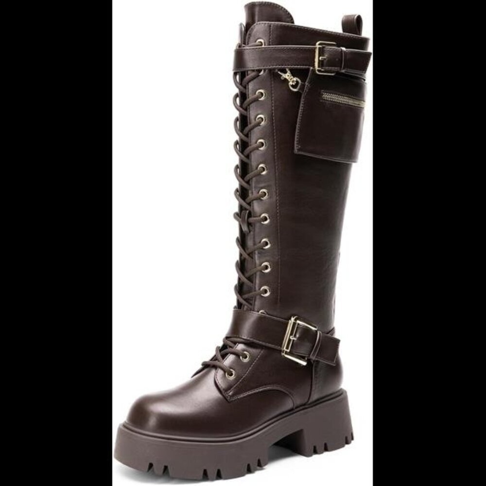 NEW Women's Combat Riding Platform Knee High Boots, Lace Up Fall Lug Sole Gothic